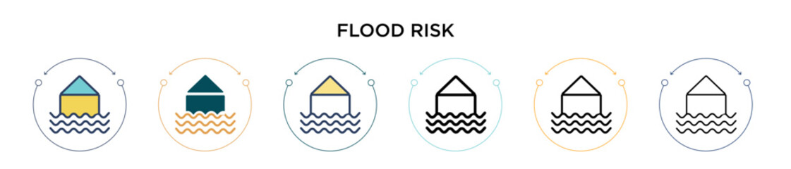 Wall Mural - Flood risk icon in filled, thin line, outline and stroke style. Vector illustration of two colored and black flood risk vector icons designs can be used for mobile, ui, web