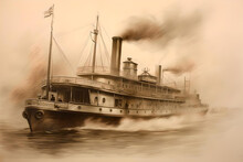 Vintage Monochrome Drawing Of A Passenger Steamship - Generative Ai