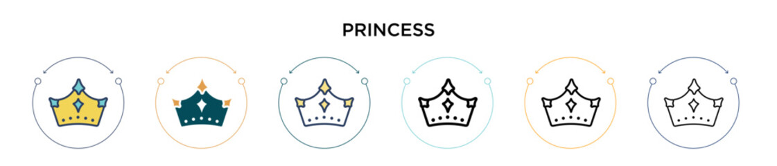 Wall Mural - Princess icon in filled, thin line, outline and stroke style. Vector illustration of two colored and black princess vector icons designs can be used for mobile, ui, web