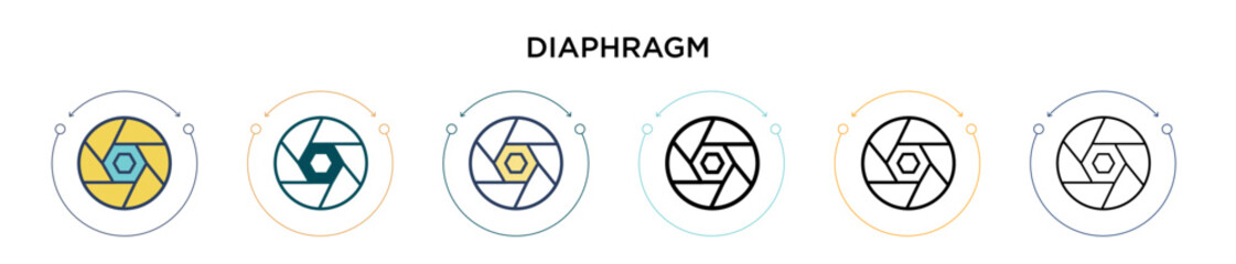 Diaphragm icon in filled, thin line, outline and stroke style. Vector illustration of two colored and black diaphragm vector icons designs can be used for mobile, ui, web