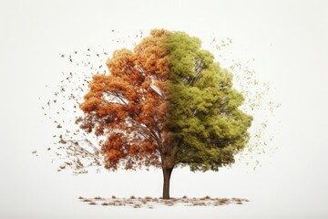 Tree half in autumn and half in spring, white background, nature and environment concept. Generative AI