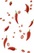 3d render falling red chilli slices