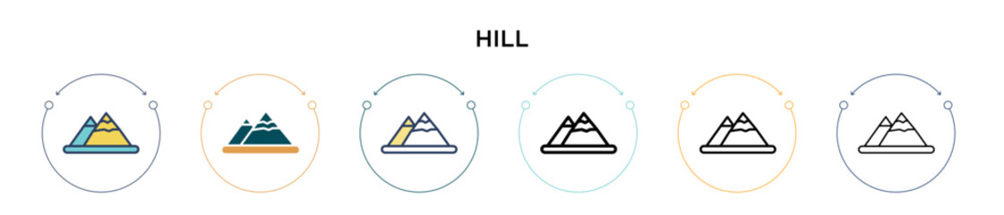 Hill icon in filled, thin line, outline and stroke style. Vector illustration of two colored and black hill vector icons designs can be used for mobile, ui, web