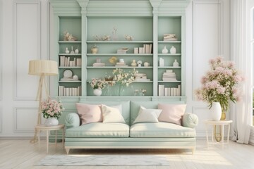 New interior design for an amazing living room in a shabby chic style, pastel green and cream and white, stylish, mellow, minimal high resolution. Sofa, table, lamp , big windows 