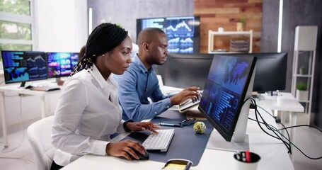 Canvas Print - African Financial Data Analysts Using Dashboard On Screens