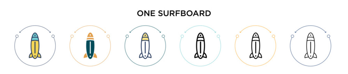 Wall Mural - One surfboard icon in filled, thin line, outline and stroke style. Vector illustration of two colored and black one surfboard vector icons designs can be used for mobile, ui, web