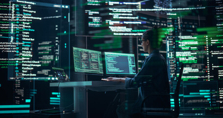 Focused Female Programmer Working in a Monitoring Control Room, Surrounded by Big Screens Displaying Lines of Programming Language Code. Portrait of Woman Creating a Software and Coding