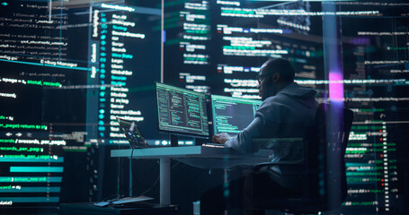 Aufkleber - Black Male Developer Thinking and Typing on Computer, Surrounded by Big Screens Showing Coding Language. Professional Programmer Creating Software, Running Coding Tests. Abstract Programming Concept