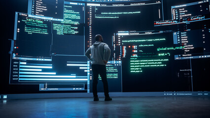 Poster - Back View of Young Black Man Standing and Looking at Big Digital Screens Glitching While Displaying Code Lines. Professional Hacker Breaking Through Cybersecurity Protection System, Changing Code