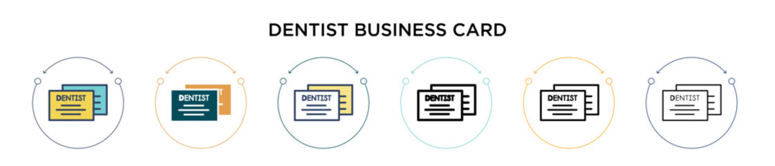 Dentist business card icon in filled, thin line, outline and stroke style. Vector illustration of two colored and black dentist business card vector icons designs can be used for mobile, ui, web