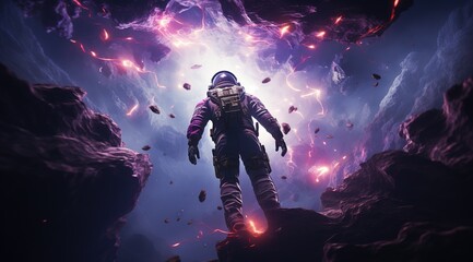 Wall Mural - astronaut on rock surface with space background ,astronaut walk on the moon wear cosmosuit. future c