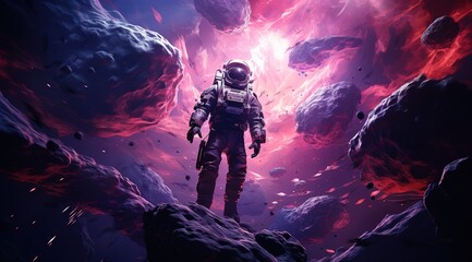 astronaut on rock surface with space background ,astronaut walk on the moon wear cosmosuit. future c