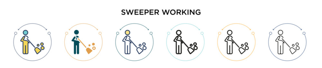 Sweeper working icon in filled, thin line, outline and stroke style. Vector illustration of two colored and black sweeper working vector icons designs can be used for mobile, ui, web