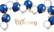 Grand opening design with ribbon, balloons and gold scissors, confetti.