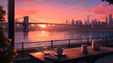 Cup Of Coffee On A Table With Sunset Over The River And The Bridge Colorful Lofi Anime Style Cute Relaxing Happy Vibe