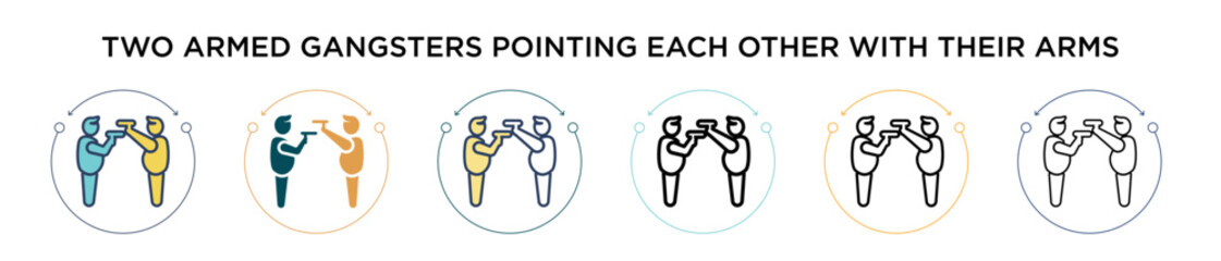 Two armed gangsters pointing each other with their arms icon in filled, thin line, outline and stroke style. Vector illustration of two colored and black two armed gangsters pointing each other with