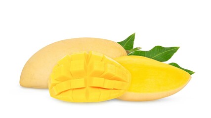 Wall Mural - Ripe Mango with green leaf isolated on white background. Clipping path.