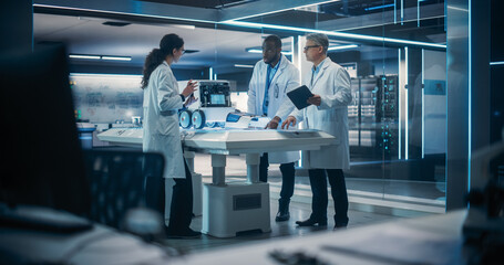 Poster - Team of Industrial Engineers Working on a Mobility Robot at a Startup Factory. Multiethnic Male and Female Scientists Discussing an Automated AI Robotic Delivery Machine in a Laboratory