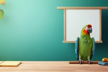 A Parrot Sits On A Desk In Front A Green Wall Behind A Board, In The Style Of Matte Background