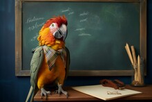 A Parrot In A Tie Sitting Near A Blackboard On A Desk In A Classroom