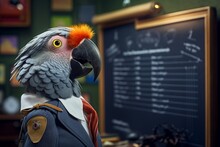 A Parrot Bird Wearing A Costume In Front Of A Blackboard