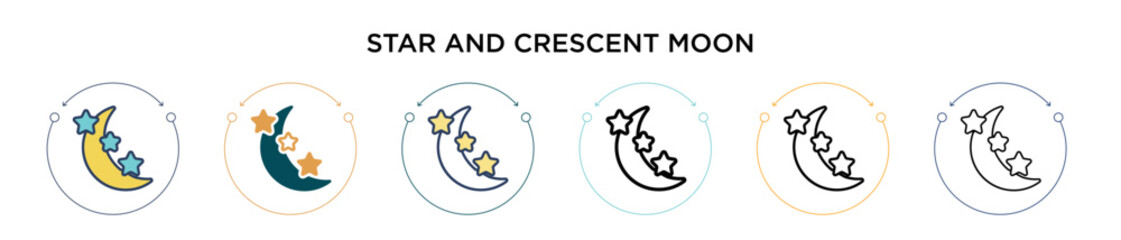 Wall Mural - Star and crescent moon icon in filled, thin line, outline and stroke style. Vector illustration of two colored and black star and crescent moon vector icons designs can be used for mobile, ui, web