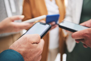 Poster - Phone, hands or people networking in circle to share, info or news on online communication together. Social media, collaboration or closeup of friends in community with teamwork, mobile or technology