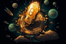 Bitcoin Symbol Soaring From A Rocket Against A Dark Background, Generative Ai