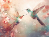 Fototapeta Sypialnia - Abstract hummingbirds floral background, calm, peaceful, painterly, wallpaper, printed, poster