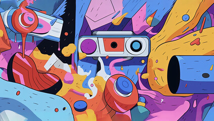 Wall Mural - Colorful cartoonish grunge graffiti music wallpaper poster illustration made with Generative AI 