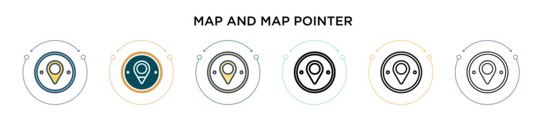 Wall Mural - Map and map pointer icon in filled, thin line, outline and stroke style. Vector illustration of two colored and black map and map pointer vector icons designs can be used for mobile, ui, web