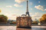 Fototapeta Boho - A travel suitcase against the backdrop of the Eiffel Tower, Generative Ai