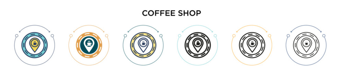 Wall Mural - Coffee shop icon in filled, thin line, outline and stroke style. Vector illustration of two colored and black coffee shop vector icons designs can be used for mobile, ui, web