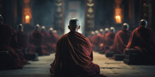 Zen Monks Practicing Meditation In Temple Or Monastery For Spiritual Enlightenment
