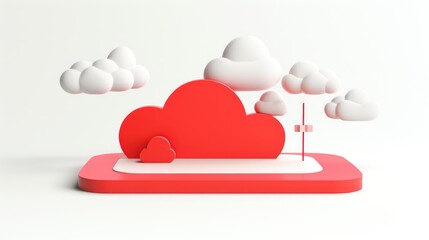 3D red white cloud icon minimal style, cloud computing online service, digital technology security concept