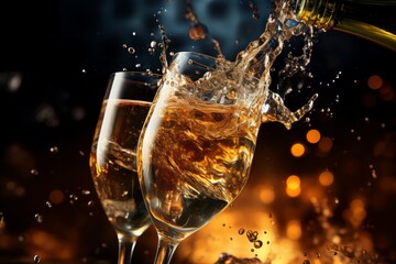 Wall Mural - Glasses of champagne or sparkling wine in a festive atmosphere. Merry christmas and happy new year concept