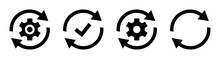 Sync Process Icon Set. Sync Processing Icons. Circle Arrow With Gear Wheel Vector