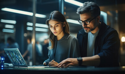 Creative Engineers Collaborate on Artificial Intelligence Project: Two young engineers use a laptop computer to collaborate on an artificial intelligence project, standing in a tech research office