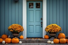Front Door With Fall Decor, Pumpkins And Autumnthemed Decorations