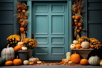 Front door with fall decor, pumpkins and autumnthemed decorations