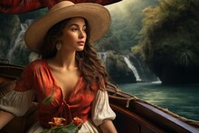 A Woman In A Hat Riding On A Boat Around Some Lush Tropical Islands