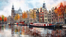 Painting And Sketch Of Old Amsterdam Canal With Boats And Homes, In Netherlands 