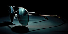 Elegant golden Ray Ban sunglasses with dark glass on a clean black background