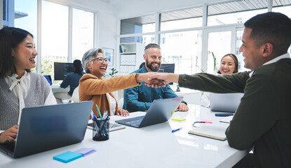 Aufkleber - Creative people, handshake and meeting in hiring, partnership or deal agreement together at the office. Group of employees shaking hands in recruiting, company growth or startup at the workplace