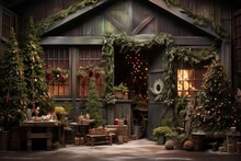 Generative AI, Christmas Interior Rural Background, Santa Claus Rustic Workshop