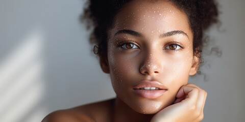 Beauty, portrait and natural face of black woman with healthy skin texture with freckles.