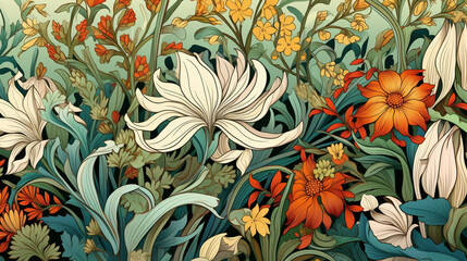 Repeating whimsical patterns of various flowers and foliage strong central focal point. In the style of Art Nouveau composition pattern
