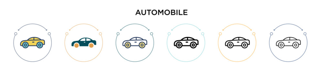 Automobile icon in filled, thin line, outline and stroke style. Vector illustration of two colored and black automobile vector icons designs can be used for mobile, ui, web