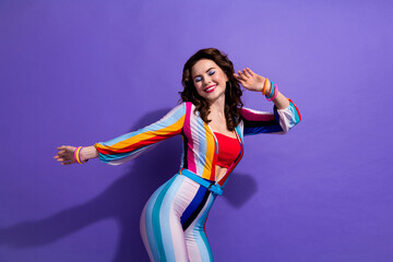 Poster - Photo of funky dreamy lady wear striped overall having fun enjoying discotheque isolated purple color background