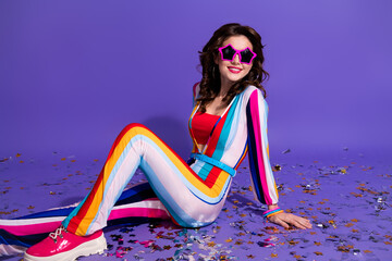 Sticker - Photo of funky adorable girl dressed striped overall dark star eyewear enjoying disco isolated violet color background